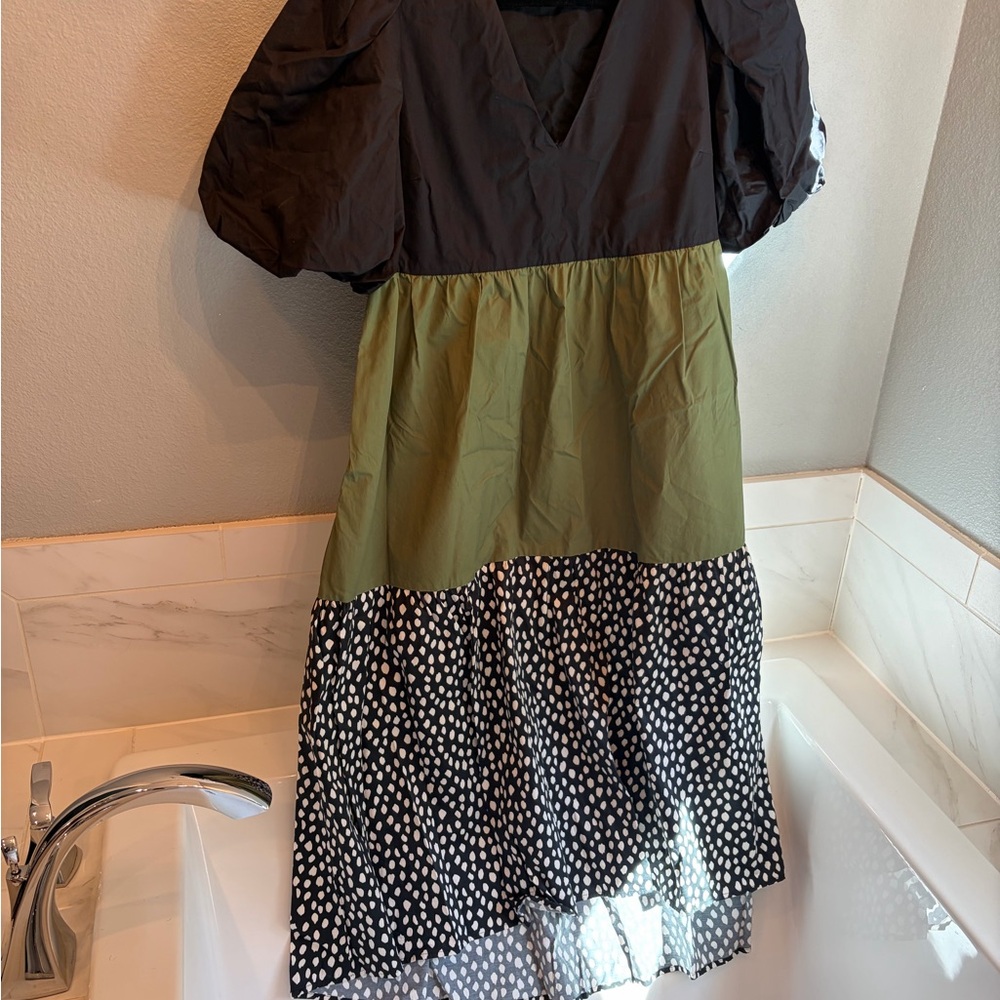 Crosby by Mollie Burch V-Neck Midi Dress in Black, Olive & Polka Dot